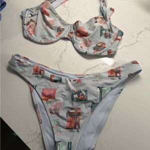 Abercrombie & Fitch Light Blue Bikini Set with Pink & Teal Prints